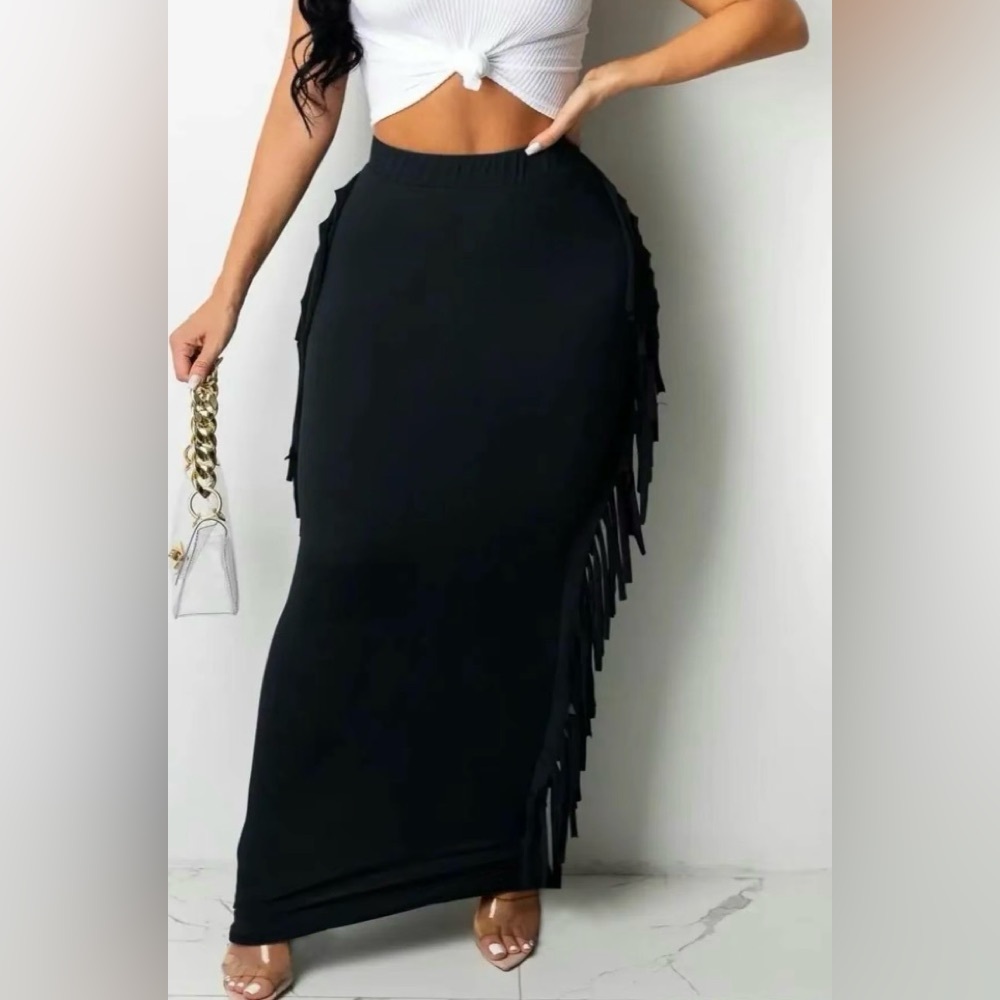 NEW Fun Side Fringe Black Maxi Skirt Stretchy Elastic Waist
